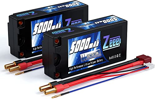 Zeee 2S Lipo Akku 5000mAh 7,4V 120C mit 5mm Bullet to T Stecker Kurz Akku für Fahrzeuge im Maßstab 1:10 RC Auto LKW Boote RC Modelle (2 Stück)