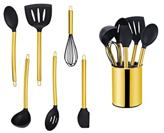 ECHTWERK Küchenuntensilien,7-teiliges Küchenhelfer-Set,Küchenzubehör,Kochbesteck mit Edelstahlgriff,Kochset Utensilienhalter,Kochzubehör,Antihaft Silikon Haushaltshelfer,Gold-Edition,EW-KS-7020G