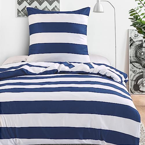 HENGWEI Blau Bettwäsche 200x200cm 3teilig Set,Extraweiches & bügelfrei Bettwäsche-Set,Mikrofaser Bettbezug 200x200cm mit Kissenbezug 2x80x80cm, Blau Weiß Streifen