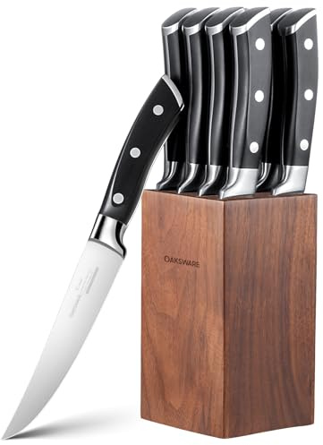 OAKSWARE Steak Knives Set of 8, 5 Inch Non Serrated Knife with Walnut Block