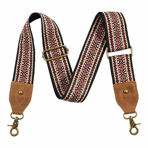 Crazy Horse Geldbörsenriemen aus Leder, breiter Schultergurt, verstellbarer Ersatz, Jacquard-Stickerei, Taschenriemen, Ethno-Stil, rote Stickerei, Large, Retro