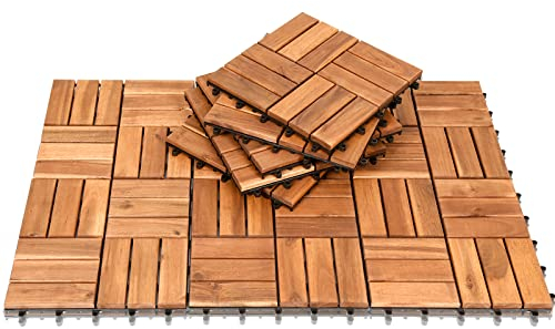 Ansobea Lot de 33 carreaux en bois d'acacia - 12 lattes - 30 x 30 cm - 1 m² - Pour balcon, jardin et terrasse - Installation facile, rapide et pratique