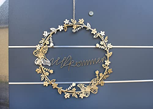 Metall Kranz Willkommen Gold mit Blüten und Schmetterlingen Fensterdeko hängend Dekokranz Frühlingsdeko D=23 cm