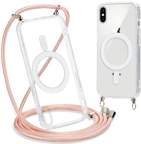Yoedge Handykette für iPhone XS Max Hülle mit Band 6,5,Transparente Magnetisch Handyhülle [Kompatibel mit Magsafe], Necklace Schlank Silikon TPU Stoßfest Schutzhülle mit Kordel zum Umhängen,Roségold