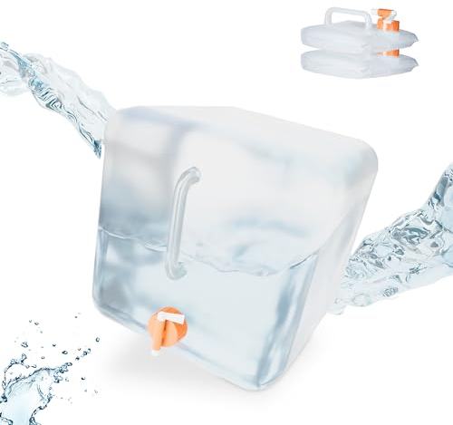Relaxdays Pack 3 Bidones Plegables, 20 L, Garrafas Agua, Grifo, Depósito Líquidos Camping, sin BPA, Transparente/Naranja