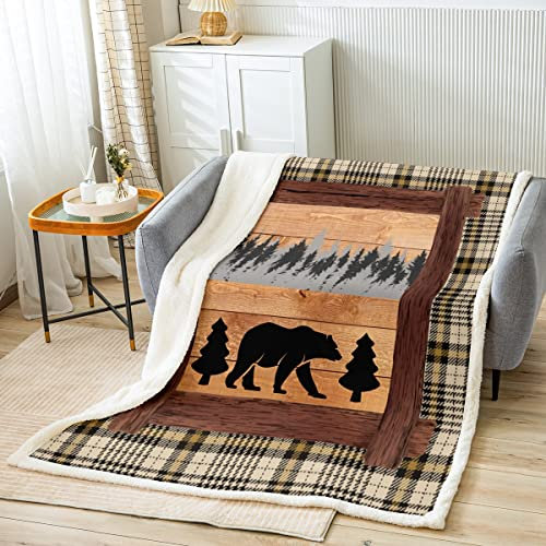 Coperta con orso, stile rustico, a quadri, colore grigio, decorazione per la camera dei bambini e ragazzi, coperta in legno marrone, per divano, coperta in pile morbida e traspirante (76 x 101 cm)