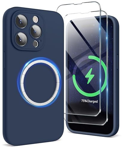 SURPHY Magnetic Case for iPhone 15 Pro Case with Screen Protector, Liquid Silicone Anti-Scratch Compatible with MagSafe Gel Rubber Phone Case for iPhone 15 Pro 6.1 inch, Storm Blue