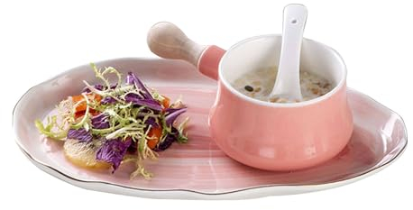TYMYYS/ Soup Bowls with Cracker Holder, 12oz Soup and Sandwich Plate Combo, Soup and Side Bowls, for Breakfast, Microwave Oven Safe-Pink
