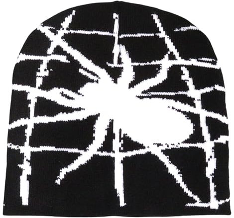 2THESTARS Y2K Beanie-Mütze für Damen und Herren, trendig, weich, dehnbar, Wintermütze, Spinnennetz-Design, Kaltstrick-Wetter-Accessoire, Schwarz + Big Spider, M