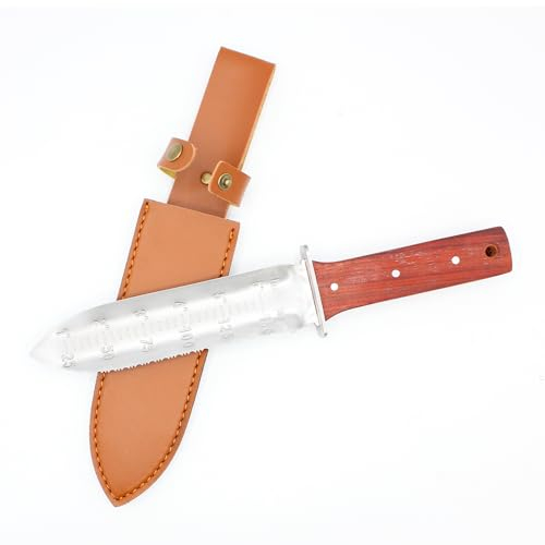 FISHTEC - Hori Hori Gartenmesser - Messer mit gebogener und gezackter Klinge - Messer mit Skala 15 mm - Gürteltasche - Tannenholz