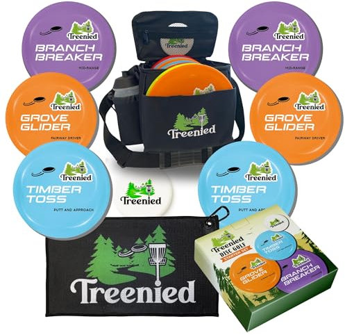 Treenied Discgolf-Starter-Set mit 6 Scheiben, Putter, Mitteltöner und Driver, Mini-Disc, Disc-Golftasche und Handtuch im Lieferumfang enthalten