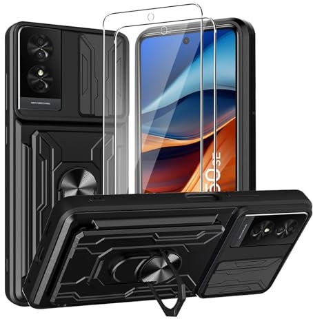 KZIOACSH Coque TCL 50 SE avec 2 Verre Trempé,Heavy Duty Antichoc Bumper Housse,Couvercle de caméra à glissière+360°degrés Béquille à Bague de Rotation,Noir