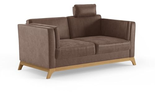Cavadore 2,5er-Sofa Vida / 2,5-Sitzer Couch im trendigen Design mit massivem Holzrahmen in Eiche, Kopfstütze mit Kuschelkissen / 183 x 84 x 93 / Mikrofaser, Hellbraun