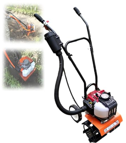 Garden Petrol Tiller, 2.2kw Lawn Soil Rotavator Cultivator with 4 Tiller Blades, 2 Stroke Petrol Engine Hoe, Lawn Scarifier for Lawn Farms Orchards Yards Fields