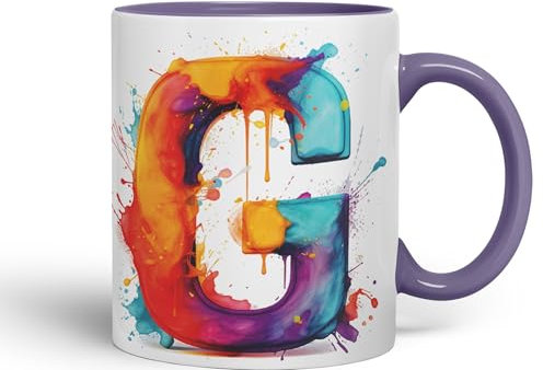 Vixar Letter G Mug, Alphabet Letter G Monogram Watercolour Ceramic Coloured Mug Cup for Tea Coffee Hot Brew 330ml 11Oz Gift (Purple)