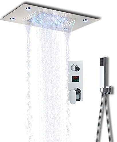 CAFIEDR Black LED Digital Display, Shower Faucet Set, Rainfall Tub Shower, Remote Control LED Color
