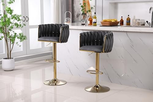 FEFE Modern Set of 2 Bar Stools - 360 Degree Swivel With Gold Base, Adjustable Counter Height Velvet Kitchen Island Chairs for Dining Room, Cafe Pub (2, Dark Grey)