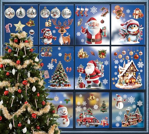 OdiuK Fensterbilder Weihnachten Selbstklebend, 120 Winter Fensteraufkleber Wiederverwendbar PVC Aufkleber Schneemann Santa Claus Fenstersticker, Fensterfolie Weihnachten Deko für Fensterdeko Schränke