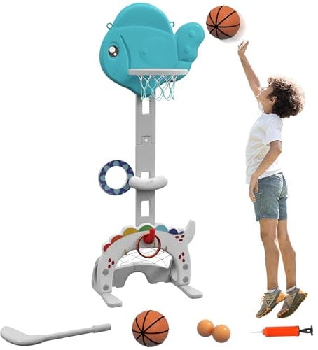 AIYAPLAY Canasta de Baloncesto Infantil 5 en 1 Canasta de Baloncesto para Niños Altura Ajustable con Temática de Pez Dorado Fútbol Golf Anilla Juego de Lanzamiento de Pelota para Interior Multicolor