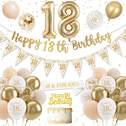 18th Birthday Decoration Girls, Gold Happy 18th Birthday Banner, Sand White Birthday Balloons, 18th Birthday Balloons, Confetti Latex Balloons Cake Topper for Girls 18th Birthday Party Decorations