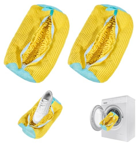 Shoe Washing Machine Bag, 2 Pack Trainer Cleaning Bags, Portable Reusable Laundry Shoe Bags with Zipper for Sneakers, Canvas, Tennis, & Running Shoes (Yellow)