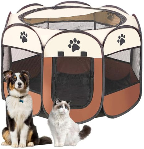 Lighterday Tragbarer Welpenauslauf,Welpenlaufstall Hundebox Faltbar Katzengehege,Wasserdichtes Oxford-Tuch Laufstall Hund,Katzenkäfig Hundekäfig für Katzen,Hunde,Kaninchen (Braun, S, 8)