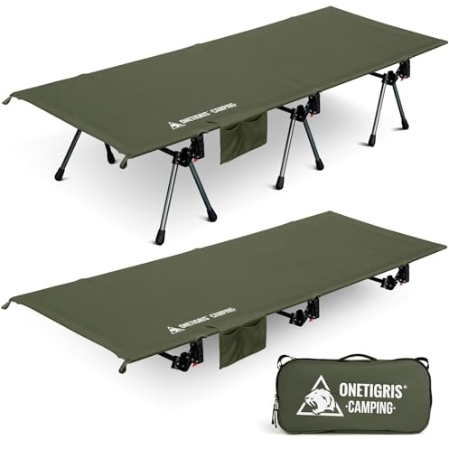 OneTigris SUPRANUBIS Camping Cot, Height Adjustable with Cot Leg Extenders, Strong Support 330lbs, Portable Folding Bed for Camping, Hiking, Travel, Truck, Beach, Office Nap (Ranger Green)