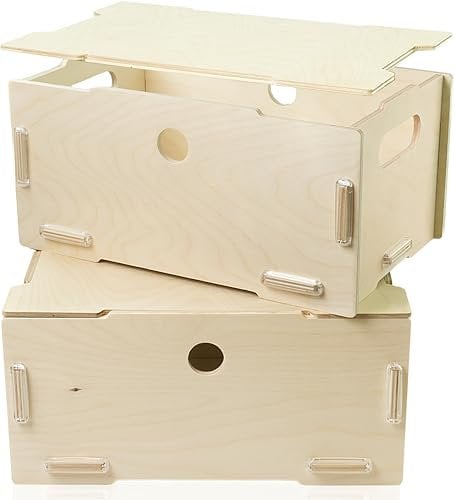 clipfritz - 2er Set Aufbewahrungsbox mit Deckel aus Holz (Unlackiert, ca.30x20x14cm) Aufbewahrungskiste stapelbar - Holzbox/Holzkiste zur Aufbewahrung, Ordnen, Sortieren - Boxen stabil mit Griffen