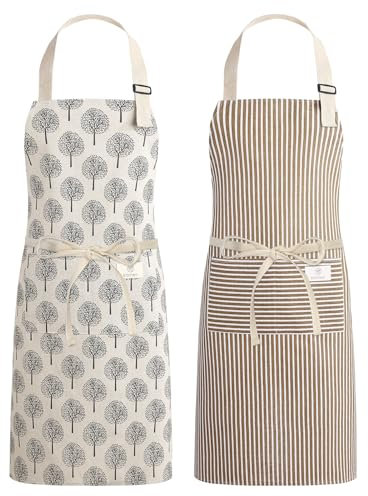 Halinuia 2 Stück Schürze Damen Kochschürze Damen Antifouling Verstellbare Küchenschürze mit 2 Großen Tasche Latzschürze Damen für Kochen Backen Hausarbeit Gartenschürze