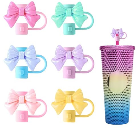 6Pcs Straw Cover for Starbucks Cup, 7-8MM Silicone Straw Topper Cap for Tumblers, Cute Bow Reusable Straw Protector Accessories Compatible with Starbucks Cups
