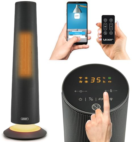 Yoer SkyTower FH06G, Keramik-Heizlüfter 2500W, Elektrischer Heizkörper, Heizlüfter, Fernbedienung, Wi-Fi, ECO-Funktion, Nachtlicht, 24h-Timer, Oszillation, Grau