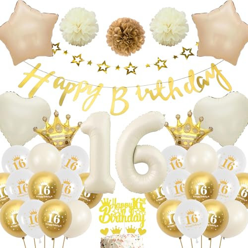 Deko 16 Geburtstag Mädchen Junge - Weiß Gold Luftballons Geburtstagsdeko Ballon, Glitzer Happy Birthday Banner Girlande und Creme Weiß XXL Zahl Ballons Tortendeko für Kinder 16 Jahre Party Boho