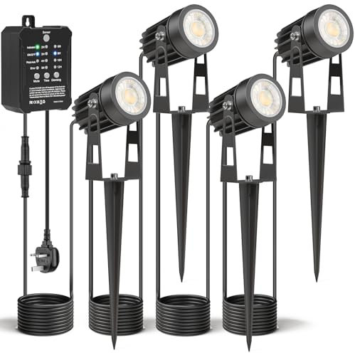 HIBOITEC Dimmbar Gartenbeleuchtung mit Transformator 4 Stück, 11,4M Fotosensor Gartenstrahler Led Außen Wasserdicht, 2700K Gartenbeleuchtung mit Strom, Timer Gartenstrahler für Haus Hof Pflanzen