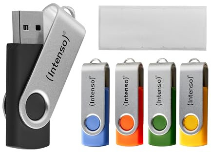 Intenso Basic Line 5X 16 GB USB-Sticks USB 2.0 mit praktischen Beschriftungsetiketten, Gelb, Grün, Schwarz, Blau + Orange, mit silbernem Metallbügel, 5er Pack