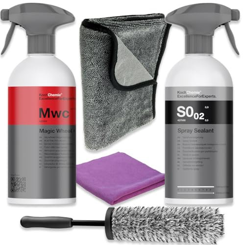 wortek Felgenreinigungsset Koch Chemie Magic Wheel Cleaner, Koch Chemie Spray Sealant S0.02, Felgenbürste, Microfaser Tücher Felgenreiniger Säurefrei Autopflege Felgen Reiniger Versiegelung