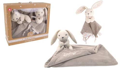 DODO D'AMOUR - Set Kuscheltier Decke und Tuch - Hase - 053240 - Braun - Kuscheltier - Geburt - Plüschtier - Baby - Beruhigend - Weich - Waschbar - 29 cm x 22 cm - Ab 0 Monaten