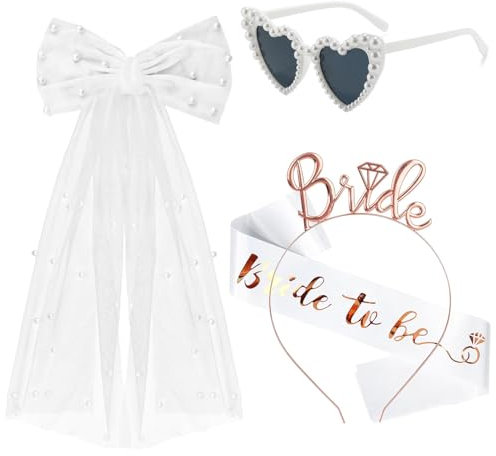 4 Stück JGA Accessoires Frauen, Bride to Be Weiß Schärpe Schleier, Junggesellenabschied Herz Sonnenbrille Perle, Rosegold Haarreif Braut, JGA deko frauen