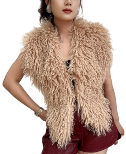 MZE JPLAN Women's Faux Fur Vest Tie Backless Halter Sleeveless Fuzzy Tank Top Back Tie Lace Up Shaggy Waistcoat (US, Alpha, One Size, Regular, Regular, Khaki)