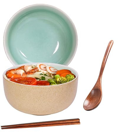 Ensemble de bols à ramen japonais en céramique, 1100 ml, bol à pho avec cuillère et baguettes, convient comme bol à soupe et à riz (blanc)