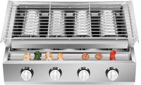 Barbacoa de Gas con 4 Quemadores, 2800 Pa, Parrilla en Acero Inoxidable, 0-7 cm, Diseño Ajustable con Conexión Giratoria 360°, 4 Placas de Acero, Bandeja y Patas