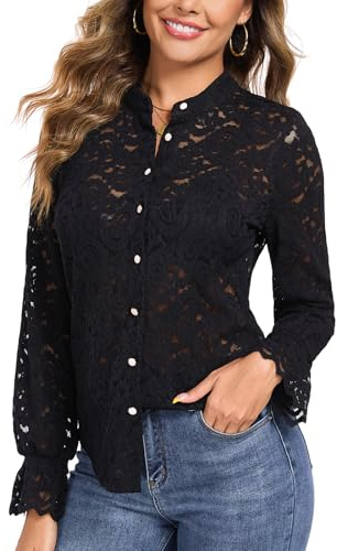 WOWENY Camicetta in pizzo da donna, a maniche lunghe, elegante, con colletto alto, in pizzo