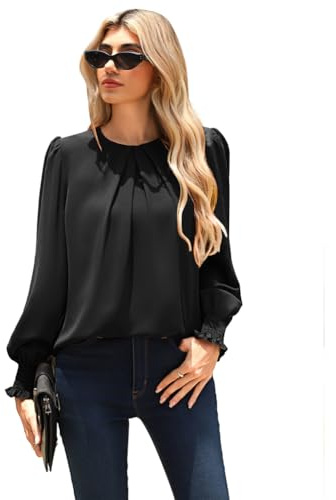 Kate Kasin Chiffon Bluse Damen Elegant Langarm Rundhals Plissee Tops | Festliche Bluse, Business casual bluse mit schlüsselloch knopfverschluss auf der rückseite