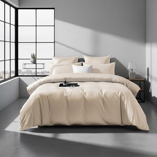 DXHOME Baumwolle Bettwäsche 135x200 Mako Satin Beige Khaki Creme Baumwolle Lyocell Seide Einfarbig 300TC Öko-Tex 100 Bettwäsche 2 Teilig für Einzelbett mit Reißverschluss und 80x80 cm Kissenbezug