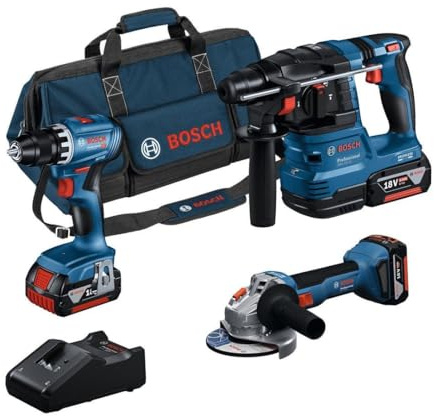 Kit 3 utensili BOSCH 18V Trapano avvitatore GSR18V-55 + Perforatore GHB18V-22 + Smerigliatrice GWS18V-7 + 3 batterie 18V - 4 + Caricatore GAL 18V-40 + Borsa