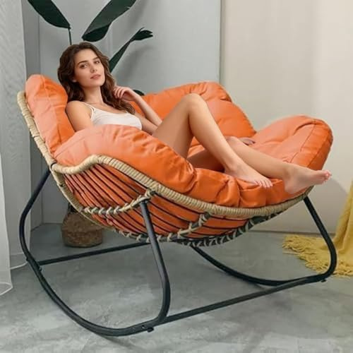 BYGSBKDP Giant Leisure Patio Rocking Chair for Adults, Comfy Wicker Papasan Chairs, Outdoor Egg Chair, with Soft Thick Cushio for Indoor, Grand, Patio, Living, Bedroom, Reading Room (Orange-Z)
