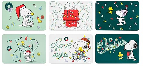 Excelsa Peanuts Shiny & Bright Set mit 6 Platzsets, Kunststoff PP, Weihnachtsmotiv, Grün, 43 x 28,5 cm, Set mit 6 Stück