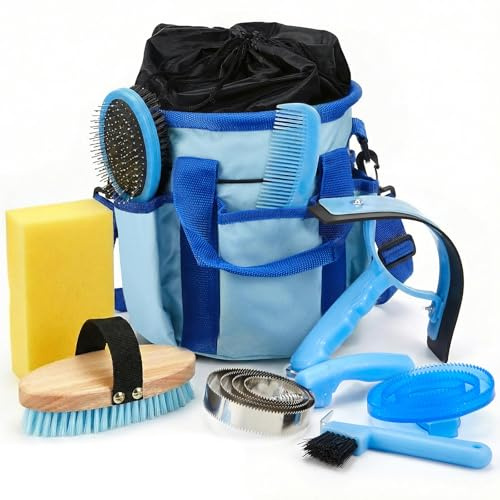 Cunhill Horse Grooming Kit Tack Room Supplies Set with Tote Bag, Oval Massage Curry, Hard and Soft Brush, Hoof Pick, Sweat Scraper, Bathing Sponge, Comb for Horse Rider Beginner (Classic,Light Blue)