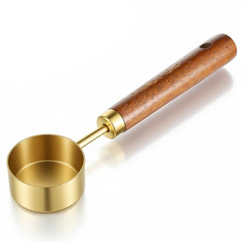 15ml Gold Coffee Measuring Spoon, Stainless Steel Coffee Bean Scoop for Ground Coffee, Walnut Handle Tablespoon for Coffee Tea, and More