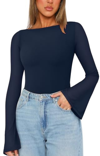 LACOZY Women's Fall Dressy Casual Blouse Bell Long Sleeve Ruched Business Work Top Navy Blue M