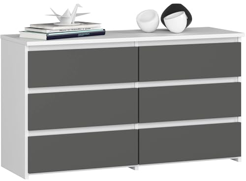 MILORD Kommode CL100 mit 6 Schubladen Komodenschrank Funktional Für Wohnzimmer Für Schlafzimmer Langlebig Rollenführung ABS-Kante 35x100x57cm (Weiß-Grau)